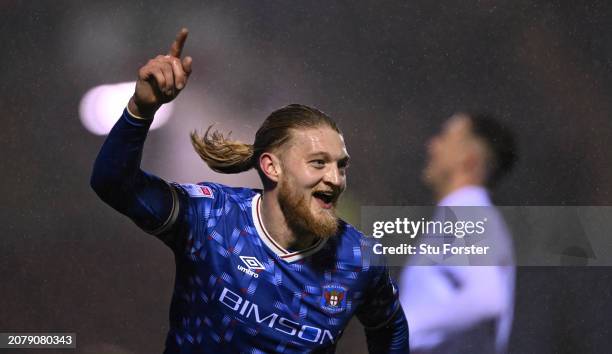 Carlisle United player Luke Armstrong celebrates after scoring the first goal during the Sky Bet League One match between Carlisle United and...