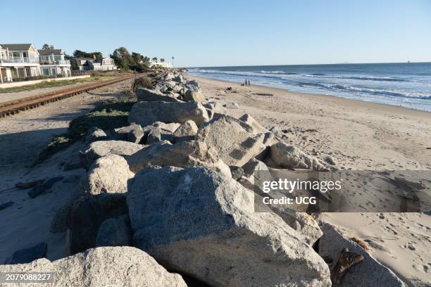 Protective rock along beach, southern California.