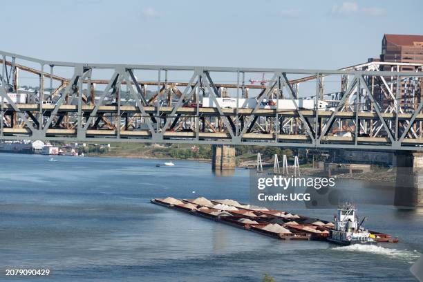 Barge transporting gravel up the Ohio River near Cincinnati.