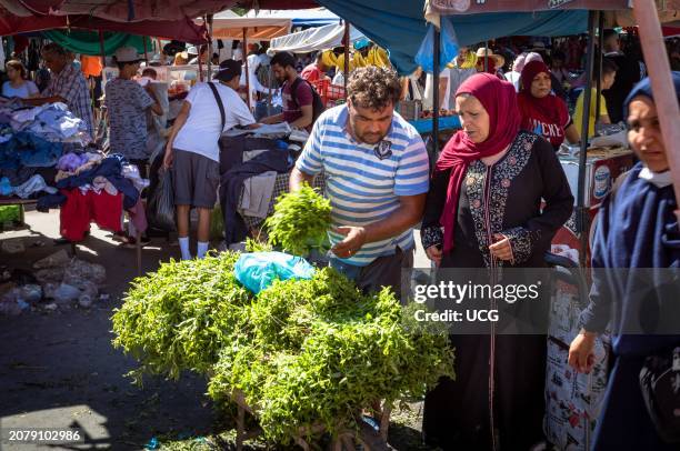 Woman buys fresh mint in the Sunday Souk, a weekly market in Sousse, Tunisia.