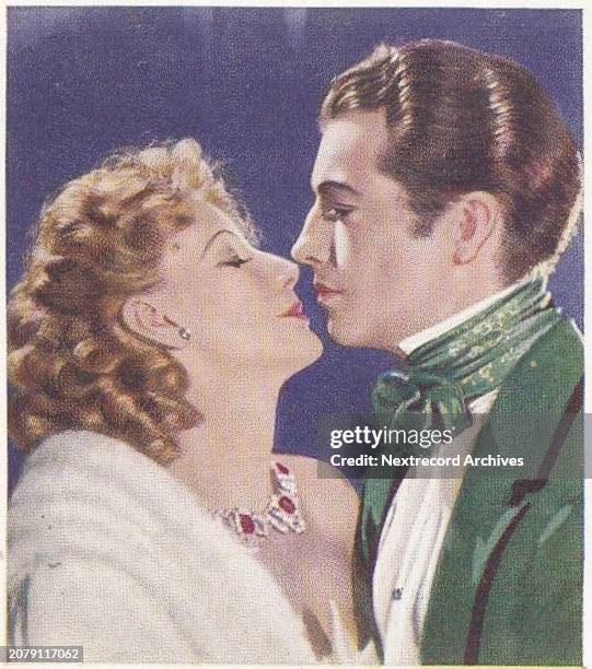 Collectible tobacco or cigarette card, 'Famous Love Scenes' series, published in 1939 by Godfrey Phillips Ltd, portraying famous onscreen movie...