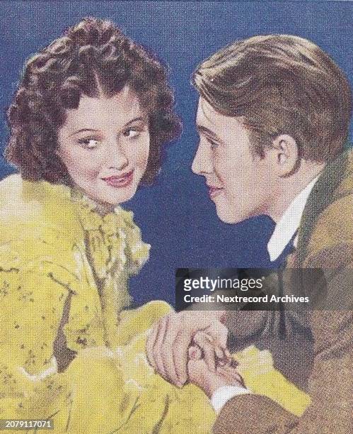 Collectible tobacco or cigarette card, 'Famous Love Scenes' series, published in 1939 by Godfrey Phillips Ltd, portraying famous onscreen movie...