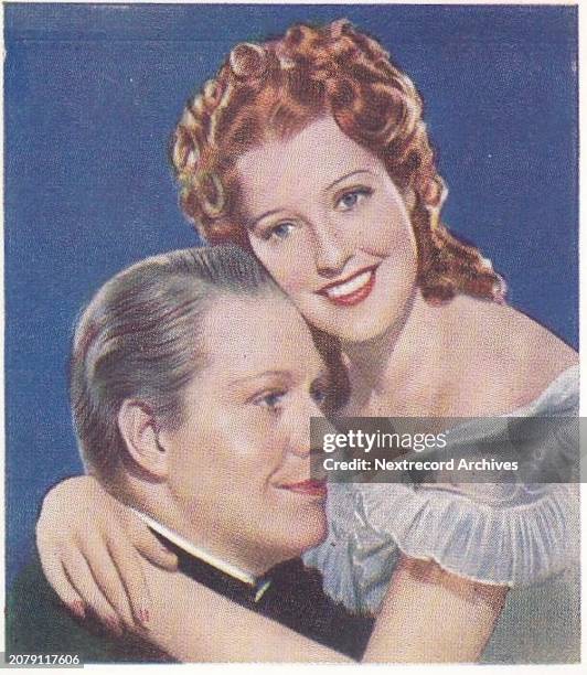 Collectible tobacco or cigarette card, 'Famous Love Scenes' series, published in 1939 by Godfrey Phillips Ltd, portraying famous onscreen movie...