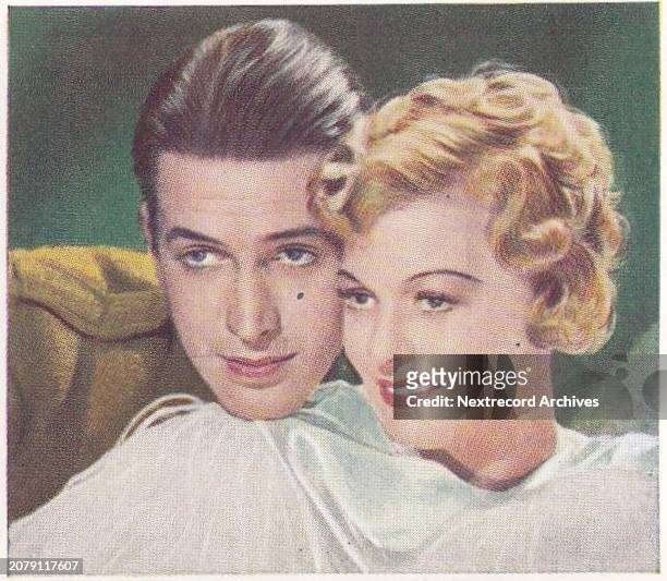 Collectible tobacco or cigarette card, 'Famous Love Scenes' series, published in 1939 by Godfrey Phillips Ltd, portraying famous onscreen movie...