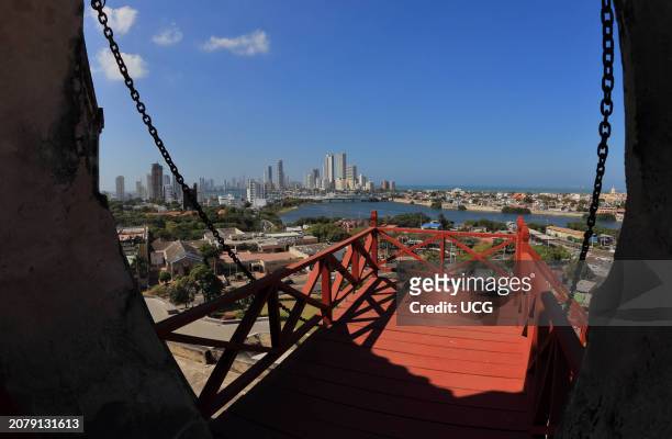 Cartagena, Colombia, View of the walled city and the Boca Grande bay from the San Felipe Castle.