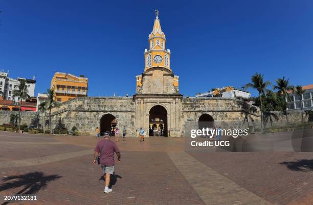 Cartagena, Colombia, View of the clock tower entrance to the historic center of Cartagena in the walled city.