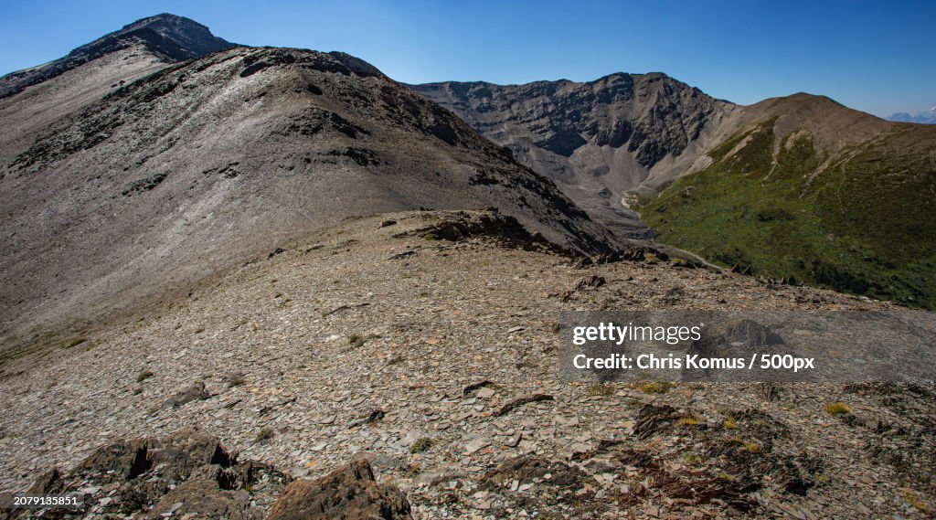 Scenic view of rocky mountains against clear sky