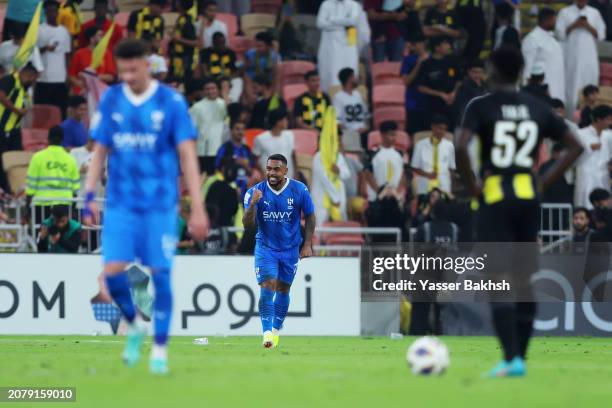 Malcom of Al Hilal celebrates scoring his team's second goal during the AFC Champions League Quarter Final 2nd Leg match between Al Ittihad and...
