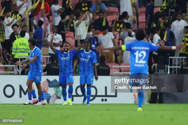 Malcom of Al Hilal celebrates with teammates after scoring his team's second goal during the AFC Champions League Quarter Final 2nd Leg match between...