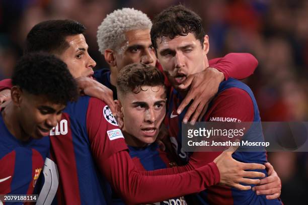 Fermin Lopez of FC Barcelona celebrates with team mates after scoring to give the side a 1-0 lead during the UEFA Champions League 2023/24 round of...