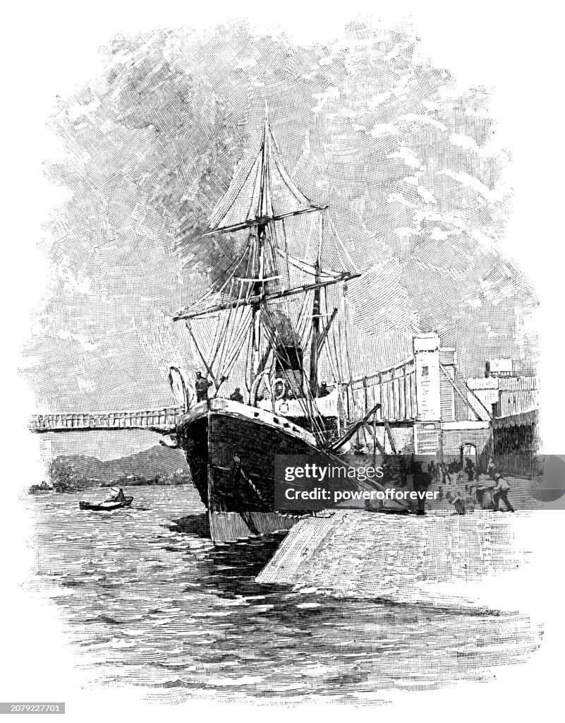 Tall Ship Docked Along the Rhone River at Tarascon, France - 19th Century