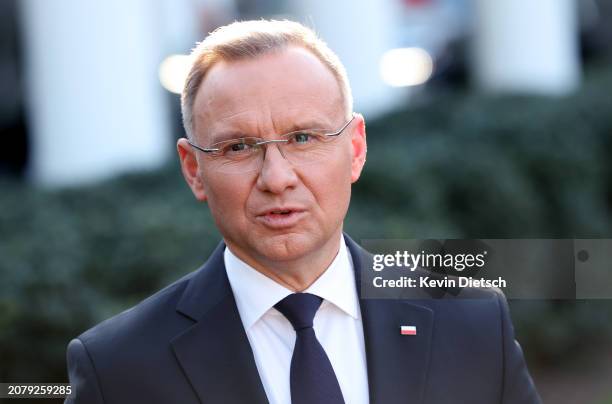 Polish President Andrzej Duda speaks to members of the media following a meeting with U.S. President Joe Biden at the White House on March 12, 2024...