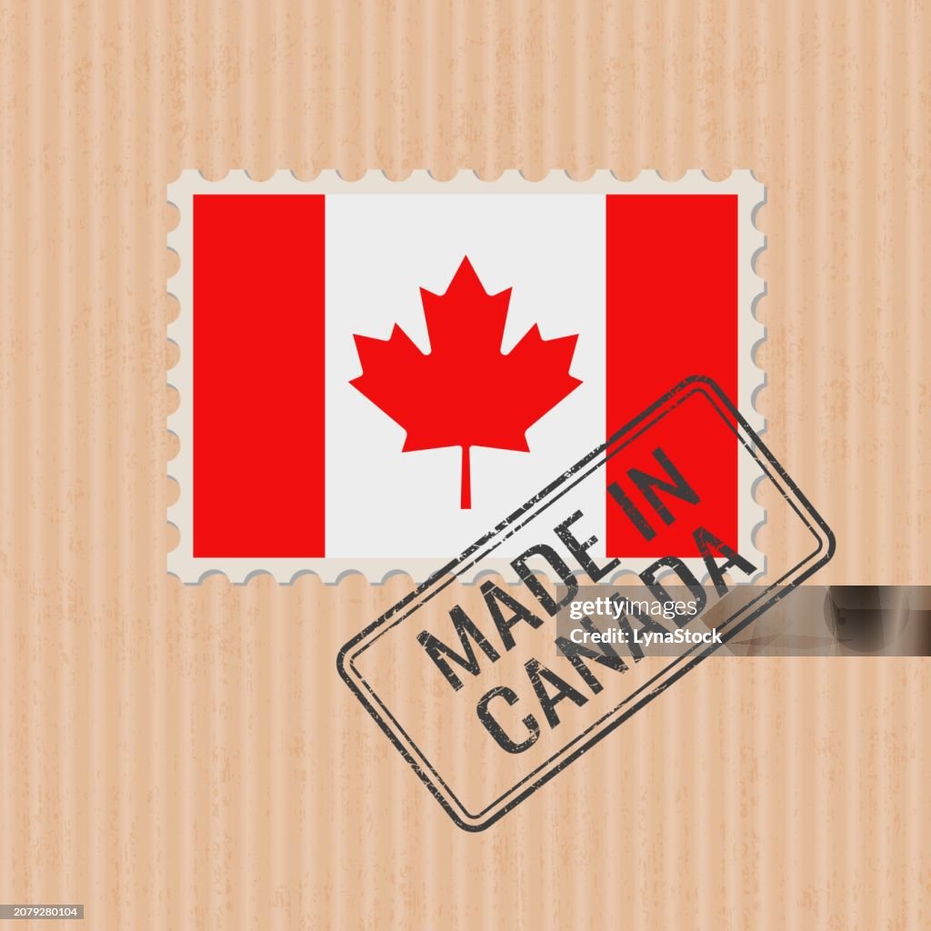 Made in Canada badge vector. Sticker with Canadian national flag. Ink stamp isolated on paper background.