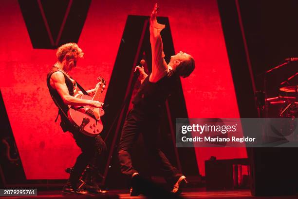 Martin Gore and Dave Gahan of Depeche Mode perform on stage at WiZink Center on March 12, 2024 in Madrid, Spain.