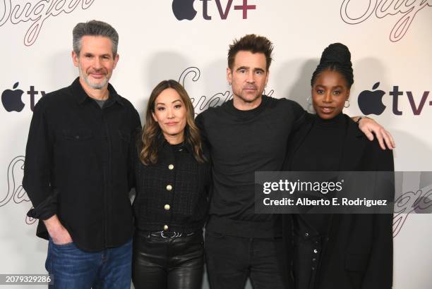 Simon Kinberg, Audrey Chon, Colin Farrell and Kirby attend a Photo Call For Apple TV+'s "Sugar" at Four Seasons Hotel Los Angeles at Beverly Hills on...