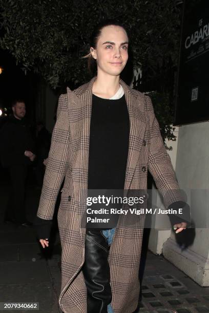 Cara Delevingne is seen leaving Cabaret the Musical London at Kit Kat Club on March 12, 2024 in London, England.