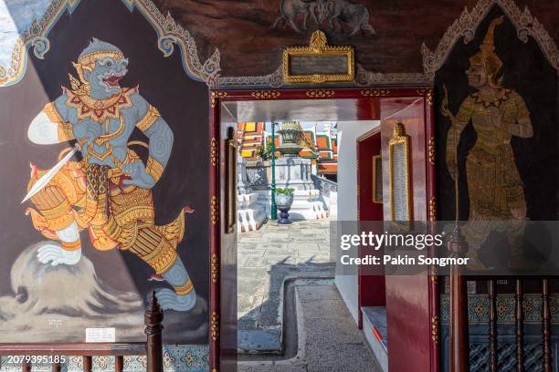 old mural is tells the story through art and color of ramayana in wat phra kaew, bangkok, thailand - grand palace bangkok stock pictures, royalty-free photos & images