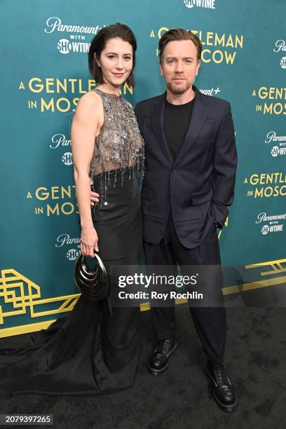 Mary Elizabeth Winstead and Ewan McGregor attend "A Gentleman in Moscow" premiere event in NYC at Museum of Modern Art on March 12, 2024 in New York...