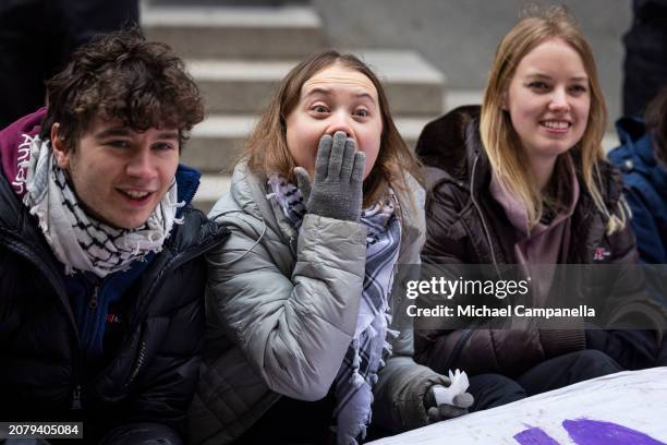 Greta Thunberg participates in a climate protest with "Reclaim The Future" outside of the Swedish parliament, Riksdag, on March 15, 2024 in...