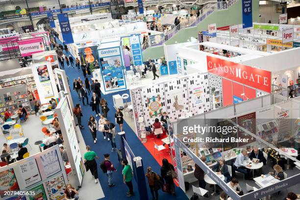 An aerial view of the Canongate book trade stand during the third and final day of the London Book Fair at the Olympia Exhibition Hall, on 14th March...