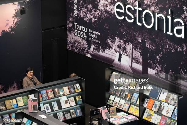 The Estonian book trade stand during the third and final day of the London Book Fair at the Olympia Exhibition Hall, on 14th March 2024, in London,...