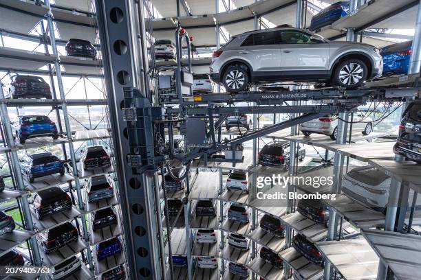 Inside of the Autostadt delivery tower at the Volkswagen AG headquarters and auto plant complex in Wolfsburg, Germany, on Thursday, March 14, 2024....