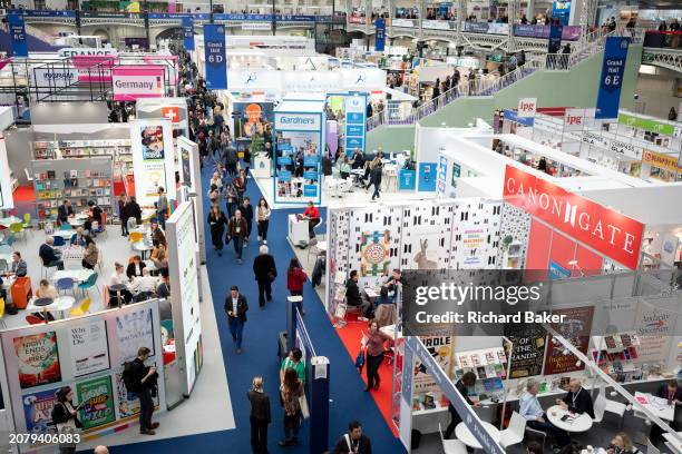 An aerial view of the Canongate book trade stand during the third and final day of the London Book Fair at the Olympia Exhibition Hall, on 14th March...