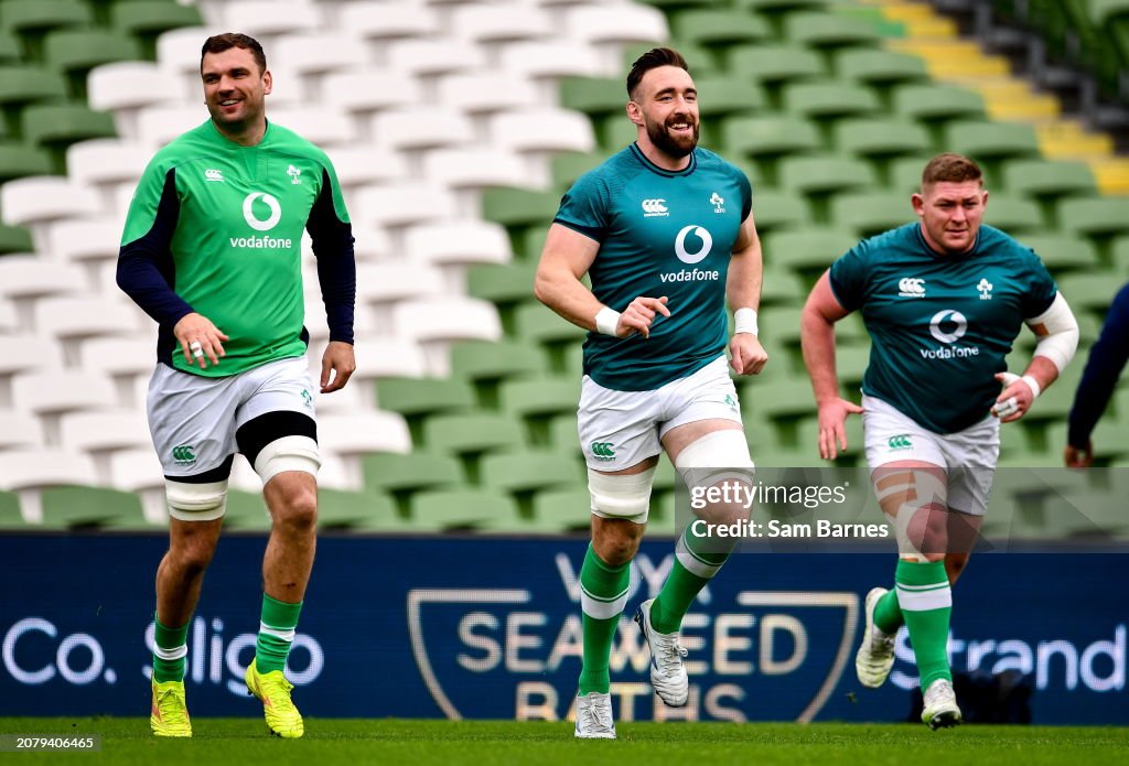 Ruga Rugby Dublin , Ireland - 15 March 2024; Ireland players, from left, Tadhg ...