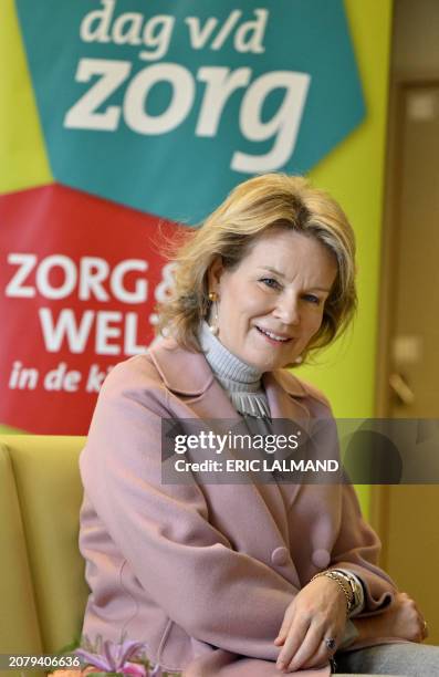 Queen Mathilde of Belgium poses during a royal visit to the children's and youth department of the psychiatric hospital 'Het Medisch Centrum...