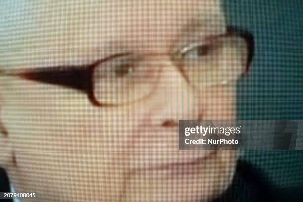 Former de facto Polish leader and head of the Law and Justice party Jaroslaw Kaczynski is seen on television during his testimony at the Pegazus...