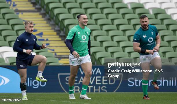 Craig Casey, James Lowe and Ronan Kelleher during an Ireland Captain's Run at the Aviva Stadium, on March 15 in Dublin, Ireland.