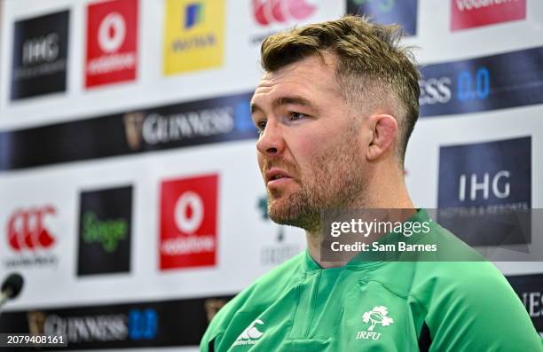 Dublin , Ireland - 15 March 2024; Peter O'Mahony speaking during a press conference after an Ireland rugby captain's run at the Aviva Stadium in...