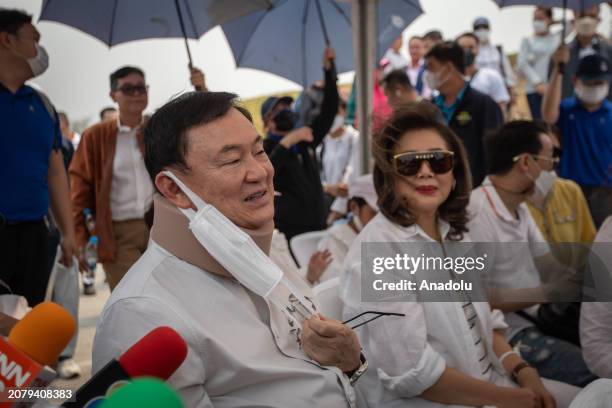 Former PM Thaksin Shinawatra talks to media as he visits his parent's Mausoleum in Chiang Mai, Thailand on March 15, 2024. Thailand's former Prime...