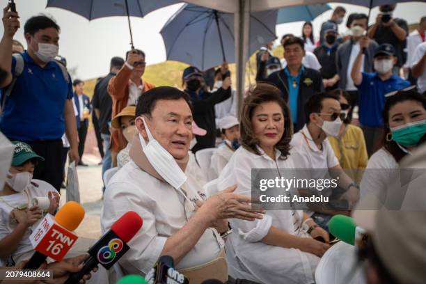 Former PM Thaksin Shinawatra talks to media as he visits his parent's Mausoleum in Chiang Mai, Thailand on March 15, 2024. Thailand's former Prime...