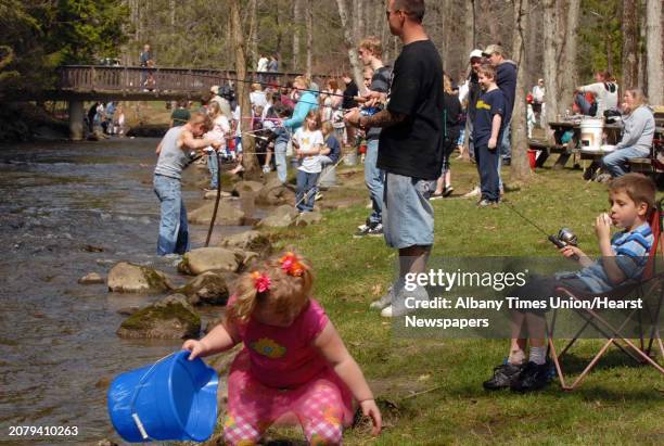 Tree to tree crowd gathers to release and then try to catch brown trout as part of the annual fish stocking at Geyser Creek at Saratoga Spa State...