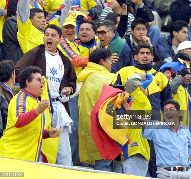 Fans of the Ecuadorean soccer team celebrate a goal against Bolivia 06 October 2001 in La Paz, Bolivia. Ecuatorianos en el estadio Hernando Siles de...