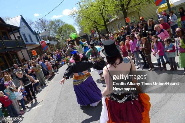 The Beekman Street art district was lined with revelers for the Saratoga Springs Arti Gras parade during their annual Mardi Gras Festival in Saratoga...