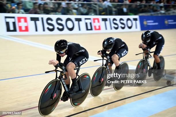 New Zealand competes to win the gold medal against Ireland in women's team pursuit event during the Track Cycling Nations Cup in Hong Kong on March...