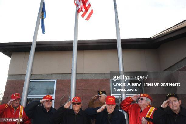 Capital region Battle of Iwo Jima veterans, left to right, Jim Smith, Sal Famularo, Tom Smith, Fred Bessette, George Ross, Tom Lemme and John Keefe...