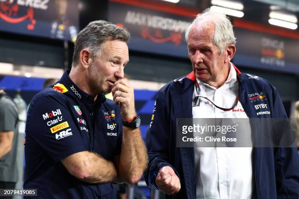 Oracle Red Bull Racing Team Principal Christian Horner and Oracle Red Bull Racing Team Consultant Dr Helmut Marko look on in parc ferme during the F1...