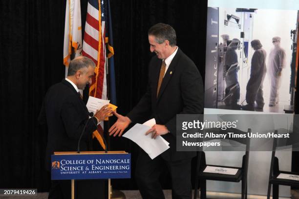 Alain E. Kaloyeros, Senior Vice President and Chief Executive Officer, CNSE, left, and Lt. Gov. Robert Duffy during an announcement at the College of...