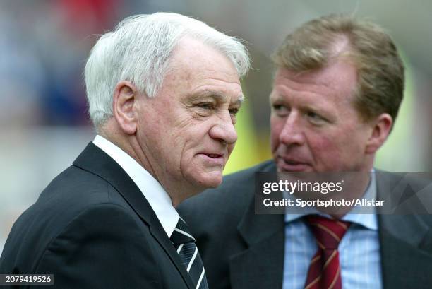 February 21: Sir Bobby Robson Manager of Newcastle United and Steve McClaren Manager of Middlesbrough before the Premier League match between...