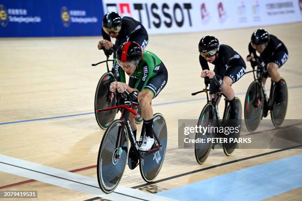 Ireland and New Zealand compete to win the gold medal in women's team pursuit event during the Track Cycling Nations Cup in Hong Kong on March 15,...