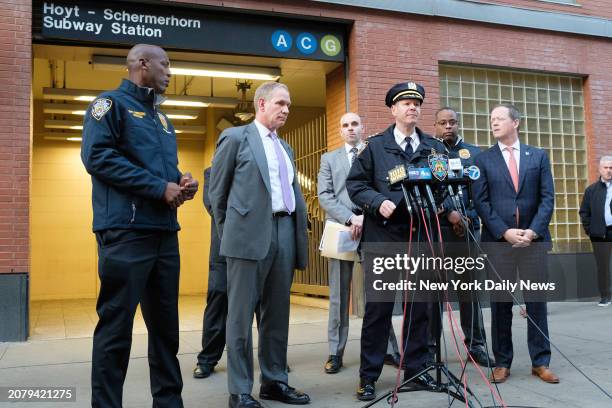 March 14: NYPD Chief of Transit Michael Kemper and MTA CEO Janno Lieber speak to the media after a person was shot at the Hoyt-Schermerhorn subway...