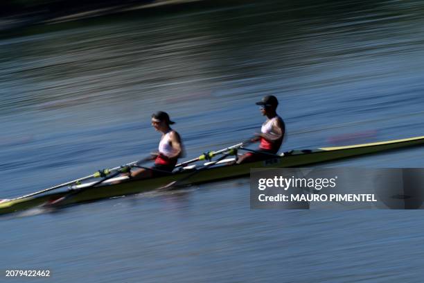 Peru's Andres Sandoval and Sandro Bozzo compete during the Men's Lightweight Double Sculls LM2x repechage of the Americas Olympic and Paralympic...