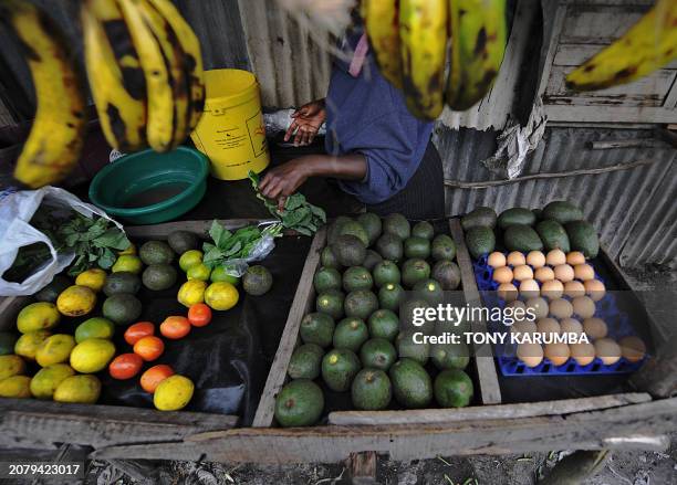 Slum resident sells groceries in Nairobi's Mukuru -kwa-Njenga slum on July 6, 2010 where security, especially for women, is virtually non-existent as...