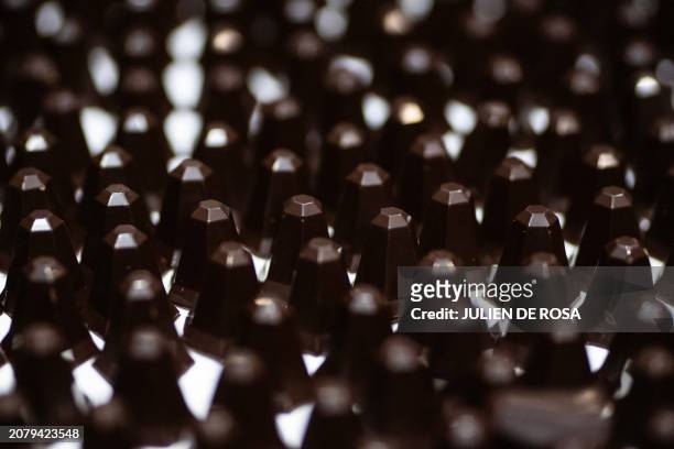 Easter chocolates are displayed in the workshops of Monegasque three-Michelin-star chef Alain Ducasse's chocolate manufactory dubbed "Manufacture...