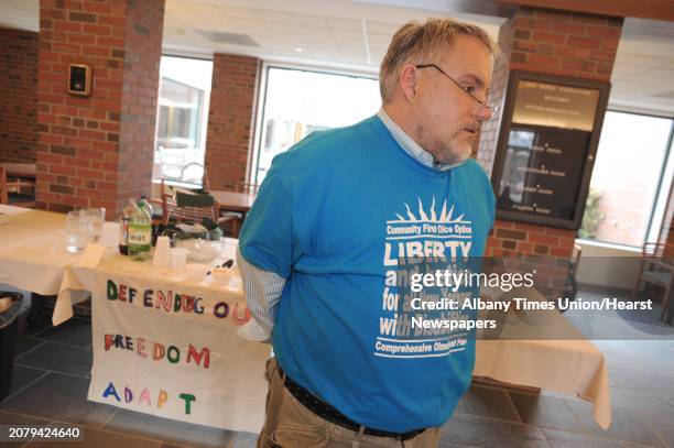 Organizer Bruce Darling and other members of Adapt, a disabilities advocacy group, occupy the NYS Nurses Association Office, upset that nurses won't...