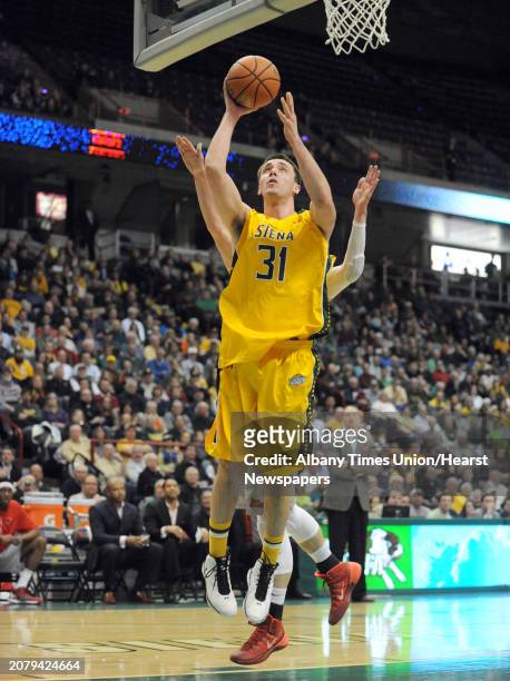 Siena's Brett Bisping goes to the basket during their men's basketball semifinals of the College Basketball Invitational against Illinois State at...