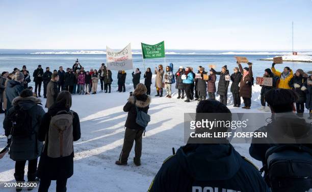 Demonstrators protest against the opening of the European Commission's new office in Nuuk, Greenland, on March 15, 2024. / Denmark OUT